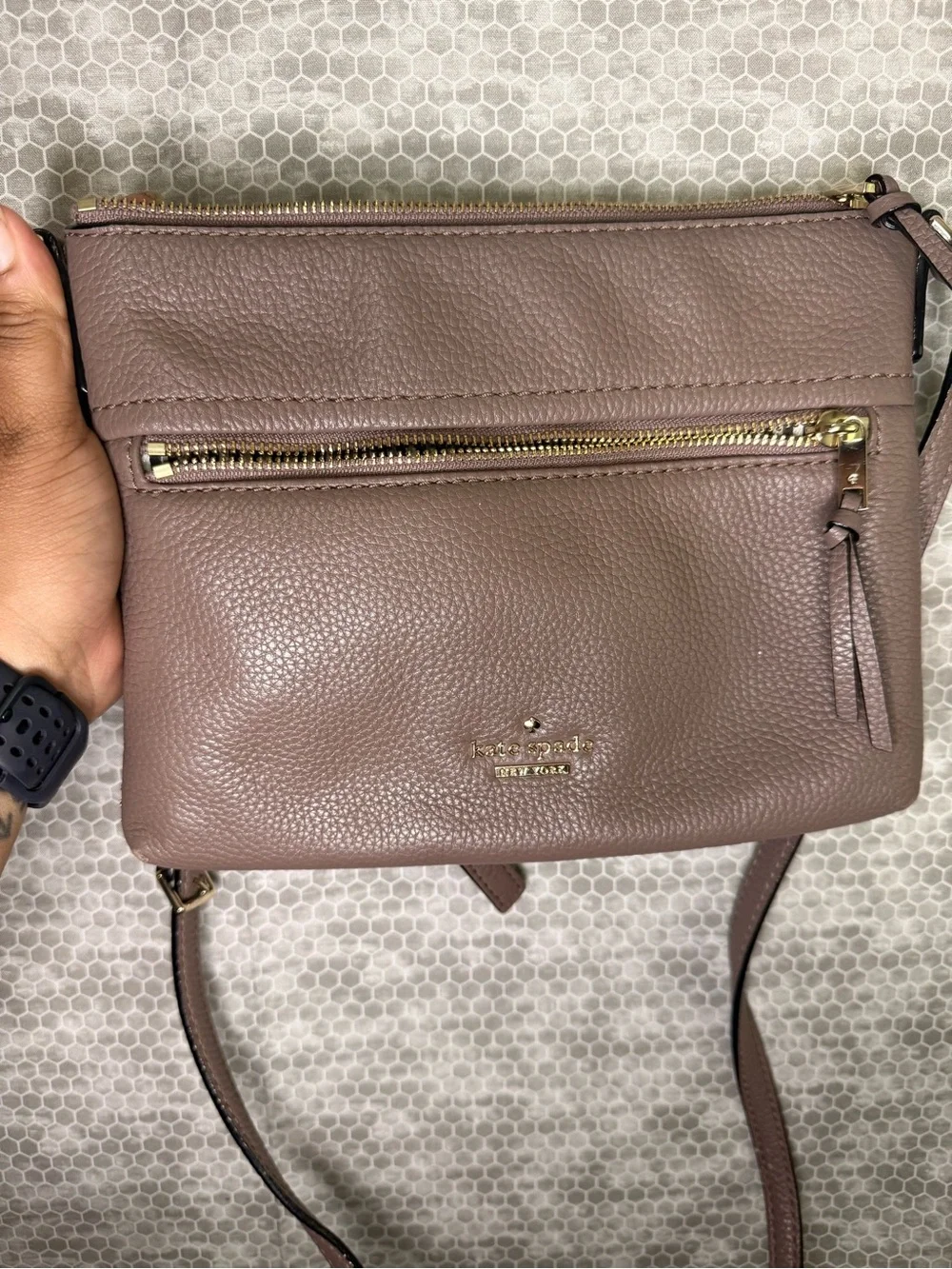 kate spade mauve taupe pebble leather crossbody with gold hardware